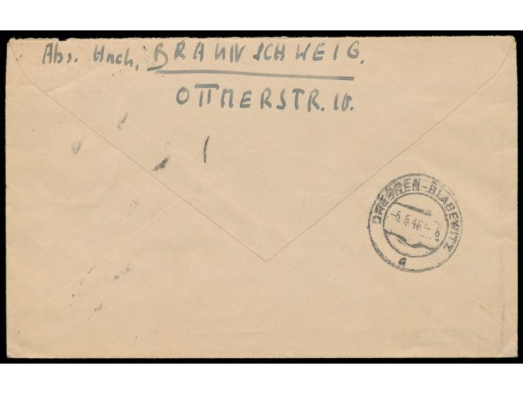 1 RM  und 3 x 3 Pf. auf  Einschreibbrief,  frankiert für die 2. Gewichtsstufe, Stempel  Braunschweig 1  29.4.46, nach Dresden