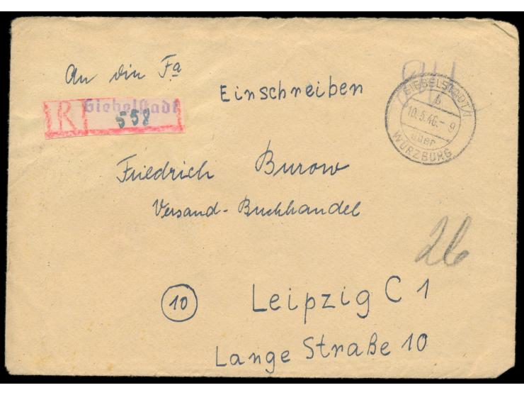 Einschreibbrief mit Stempel  Giebelstadt über Würzburg  10.5.46, handschriftlicher Gebühr bezahlt-Vermerk und  Not-R-Zettel, 
