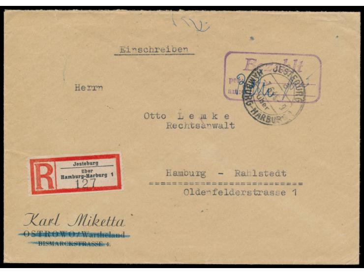 Einschreibbrief  mit Stempel  Jesteburg über Hamburg-Harburg  7.6.46 und sehr seltenem R3  "Bezahlt / per: ... / am: ..."  na