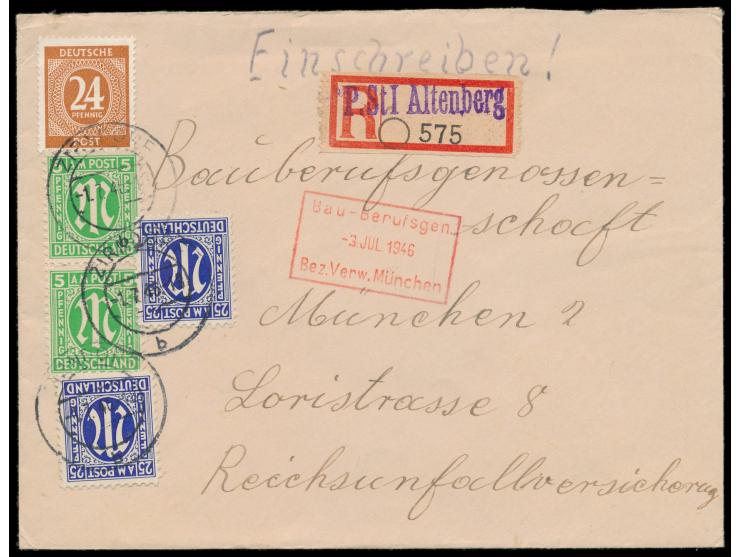 Mischfrankatur 2 x 5 Pf. und 2 x 25 Pf. AM-Post mit 24 Pf. Kontrollrat auf Einschreibbrief nach München, violetter Not-L1  P.