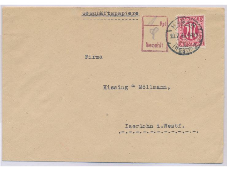 15 Pf. und roter R2 ... Rpf / bezahlt, handschriftlich 1 Pf., als  Teilbarfrankatur  auf Geschäftspapiere, Stempel  Hagen (We