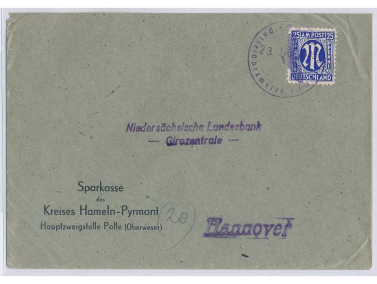 Einzelfrankatur 25 Pf. mit Notentwertung durch  Dienstsiegel Zweig-Postamt Polle / Oberweser  (Hakenkreuz aptiert) und Datum-