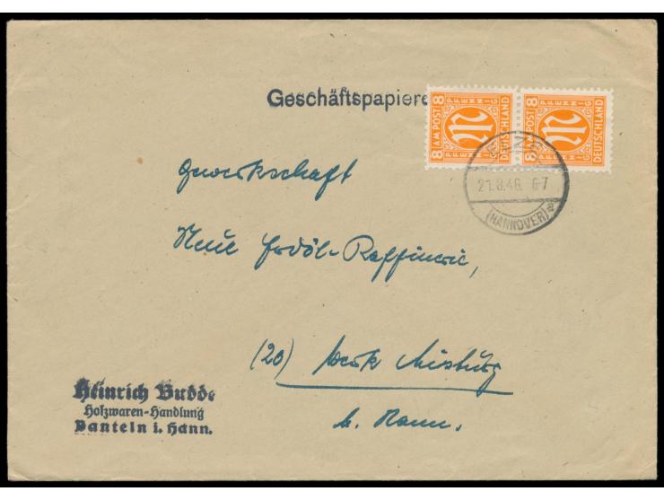 senkrechtes Paar 8 Pf.  Deutscher Druck  (Zähnung L 11) auf  Geschäftspapiere,  Stempel  Elze (Hannover)  21.8.46, nach Misbu