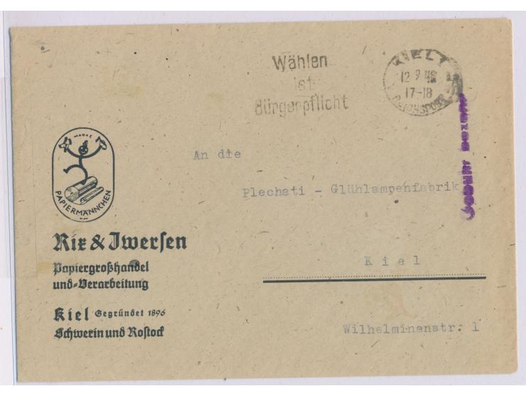 Maschinenstempel  Kiel 1 Reichspost  mit UB b 12.9.46, seltener Werbeeinsatz  "Wählen ist Bürgerpflicht" , Beierlein Nr. 14 e