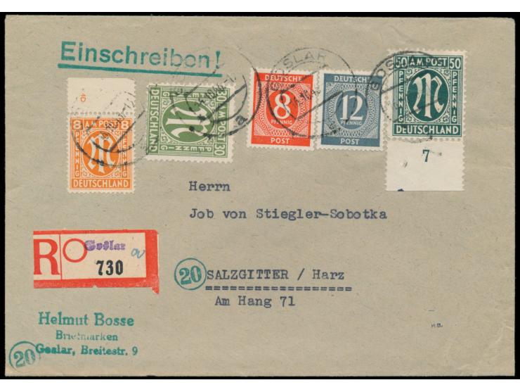 Englischer Druck &nbsp;8 Pf. &nbsp;mit Zähnung 14 1/4 und Oberrand mit &nbsp;Plattennummer 4D &nbsp;mit 30 und 50 Pf. AM-Post