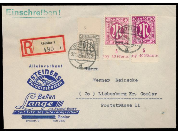 Englischer Druck  4 Pf.  mit Zähnung 14 1/4 : 14 3/4 und Oberrand mit  Plattennummer 5A  und 2 x 40 Pf. (verschiedene Farben)