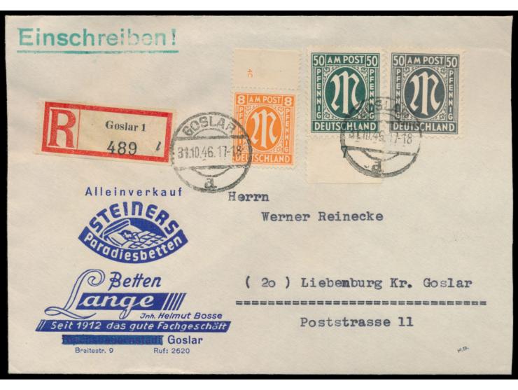 Englischer Druck  8 Pf.  mit Zähnung 14 1/4 : 14 3/4 und Oberrand mit  Plattennummer 4C  und 2 x 50 Pf. (verschiedene Farben)