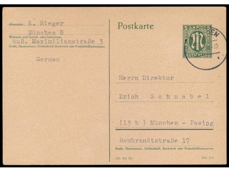 Ganzsache 5 Pf.  ohne Zusatzfrankatur  als portorichtige Ortsverwendung mit Stempel  München 8  12.2.46, Absender ist der bek