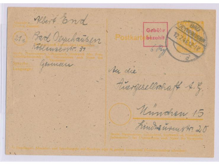 Ganzsache 6 Pf. mit rotem R2  Gebühr bezahlt  und handschriftlich "6 Rpf.", Stempel  Bad Oeynhausen  12.7.46, nach München, B