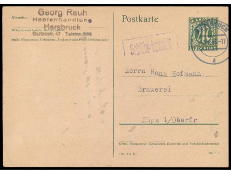 Hersbruck,  Ganzsache AM-Post 5 Pf. aufgewertet mit violettem R1  Gebühr bezahlt  zu 12 Pf., Stempel Hersbruck 3.6.46, nach K