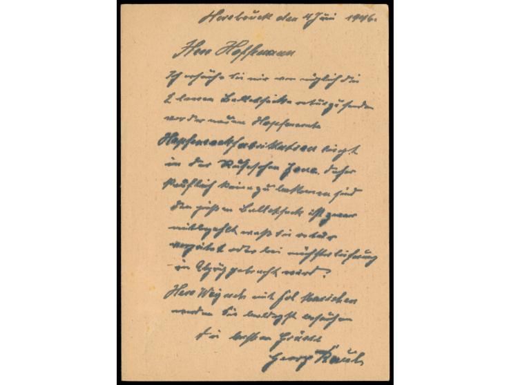 Hersbruck,  Ganzsache AM-Post 5 Pf. aufgewertet mit violettem R1  Gebühr bezahlt  zu 12 Pf., Stempel Hersbruck 3.6.46, nach K