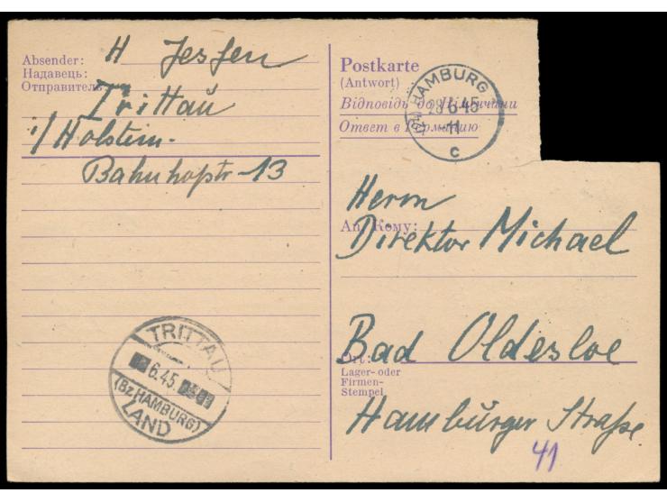 Hamburg (RPD),  Ostarbeiter-Ganzsache (Frageteil) mit ausgeschnittenem Wertstempel, Ausgabestempel  Trittau (Bz Hamburg) Land