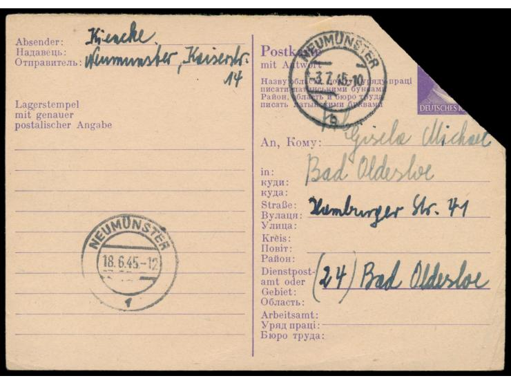 Kiel (RPD),  Ostarbeiter-Ganzsache (Frageteil) mit schräg abgeschnittenem Wertstempel, Ausgabestempel  Neumünster f  18.6.45,