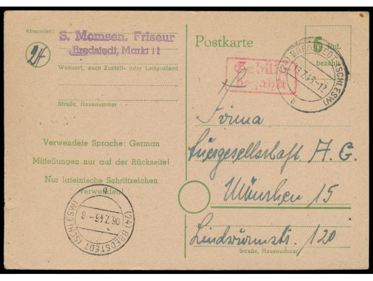 Bredstedt (Schlesw),  Behelfsganzsache 6 Pf. mit Aufwertung durch roten R2 "Gebühr bezahlt", Ausgabestempel Bredstedt (Schles