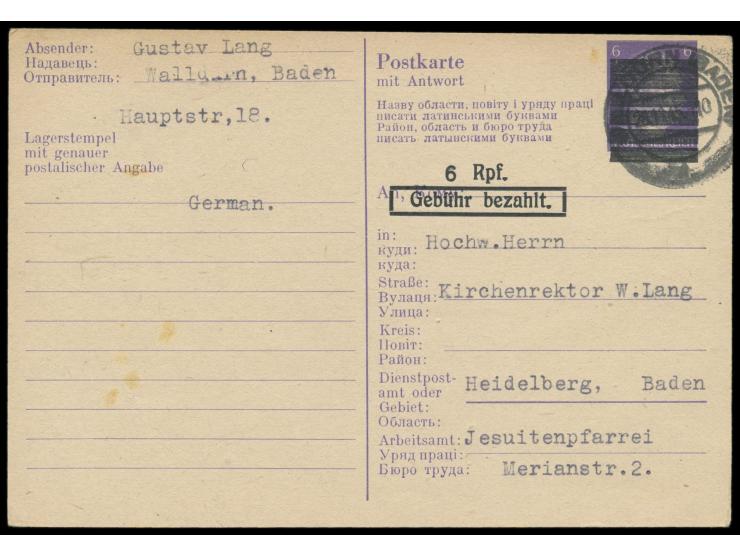 RPD Karlsruhe, Ostarbeiter-Ganzsache 6 Pf. (Frageteil) mit Überdruck 6 Rpf. , Stempel  Walldürn  (Baden) 28.11.45, nach Heide