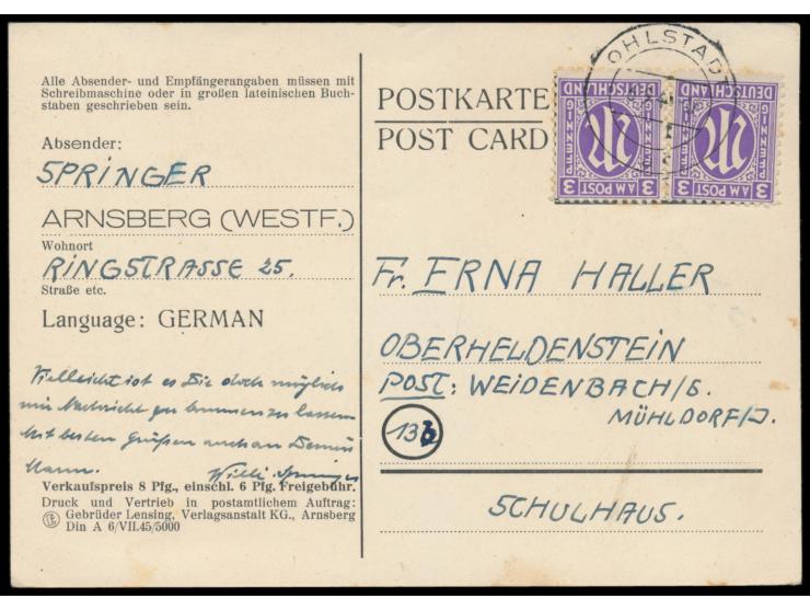 Postamtsausgabe Arnsberg,  Wertstempel mit 2 x 3 Pf. AM-Post amtlich überklebt und so vor Genehmigung durch die RPD Dortmund 