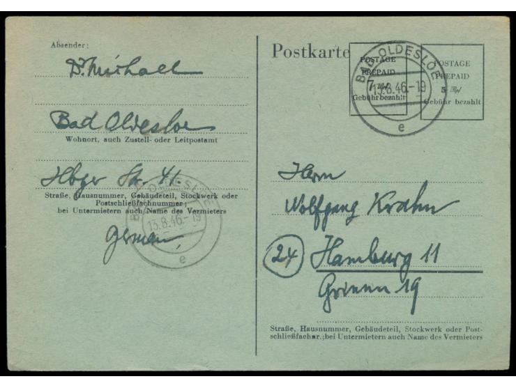 Behelfsganzsache 5 Rpf. mit Zudruck eines zweiten Wertstempels zu 7 Rpf., ohne Druckvermerk, blaugrüner Karton, Ausgabestempe