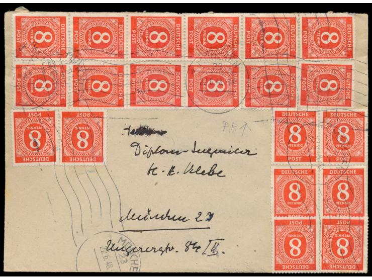 20 x 8 Pf. Ziffer (eine Marke mit  Plattenfehler I  "rechte untere ecke abgebrochen") als  Zehnfachfrankatur  auf Ortsbrief, 