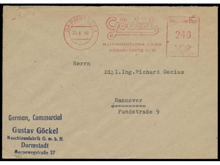 Absenderfreistempel mit Zehnfachfrankatur,  Firmenbrief Göckel Darmstadt 23.6.48, Wert 240 Pfg., Bedarf nach Hannover
Postlei