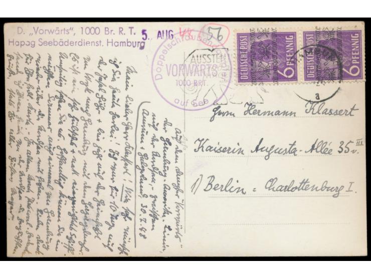 2 x 6 Pf. Bandaufdruck auf Ansichtskarte "Dampfer Vorwärts", geschrieben an Bord des Dampfers "auf der Nordsee - zwischen Amr