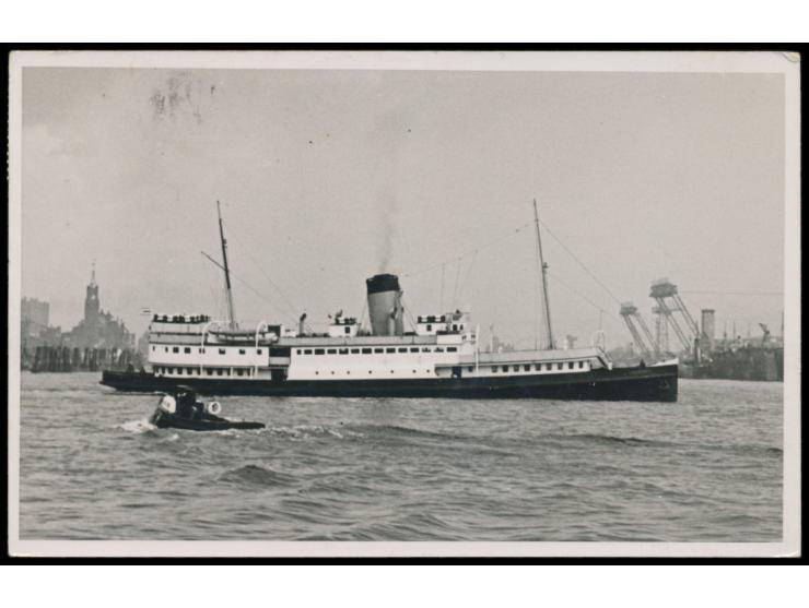 2 x 6 Pf. Bandaufdruck auf Ansichtskarte "Dampfer Vorwärts", geschrieben an Bord des Dampfers "auf der Nordsee - zwischen Amr
