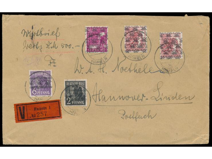 Mischfrankatur Band / Netz 168 Pf. auf Wertbrief (Wertangabe 500 DM.) mit  teilaptiertem Stempel ... Hameln  3.8.48 nach Hann