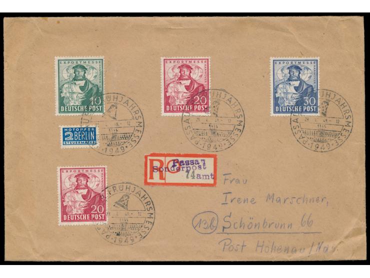 Hannover-Messe-Satz auf Einschreibbrief 2. Gewicht mit Sonderstempel  Passauer Frühjahrsmesse 1949  29.4.49 nach Schönbrunn, 
