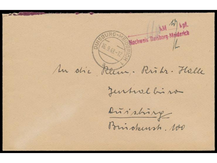 Ortsbrief mit Stempel  Duisburg-Meiderich 1  16.9.48 und seltenem roten L2  ... (R)M ... (R)pf. Nachweis Duisburg-Meiderich  