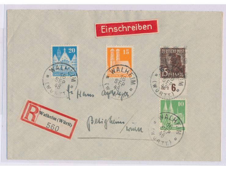 Mischfrankatur Bizone / Bauten 60 Pf. auf Einschreibbrief mit  Württemberg-K1   Walheim (Württ.)  16.9.48 nach Besigheim, por