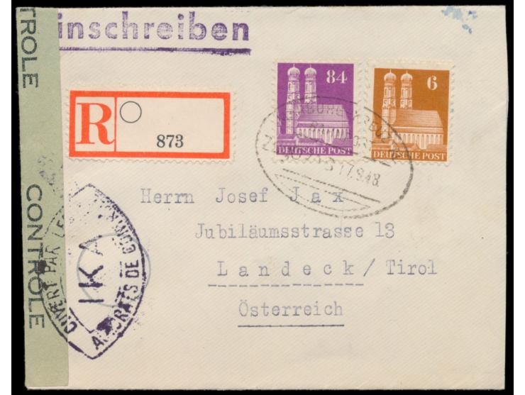 6 Pf. und 84 Pf. auf kleinformatigem Auslands-Einschreibbrief mit Bahnpoststempel &nbsp;Marburg - Kreuztal &nbsp;17.9.48 und 