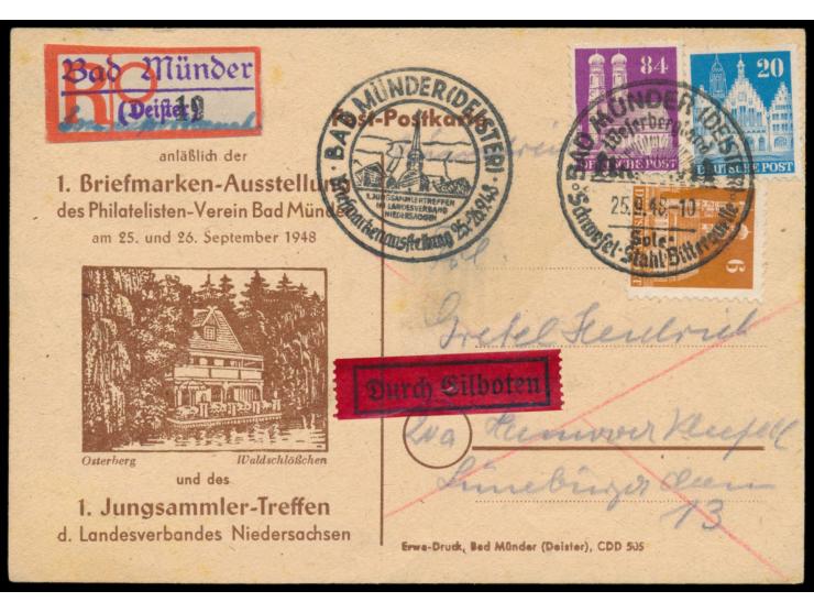 Mischfrankatur 110 Pf. auf Sonder-Postkarte Ortswerbestempel Bad Münder 25.9.48 und nebengesetzt Sonderstempel &nbsp;Bad Münd