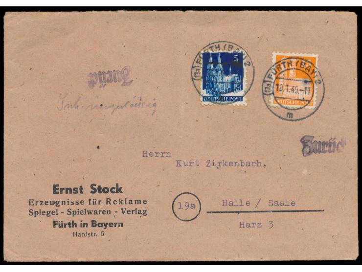 Brief mit Stempel  Fürth (Bay) 2  19.1.49 nach Halle (Saale) / SBZ, violetter L1  Zurück,  handschriftlich  "Inh. unzulässig"