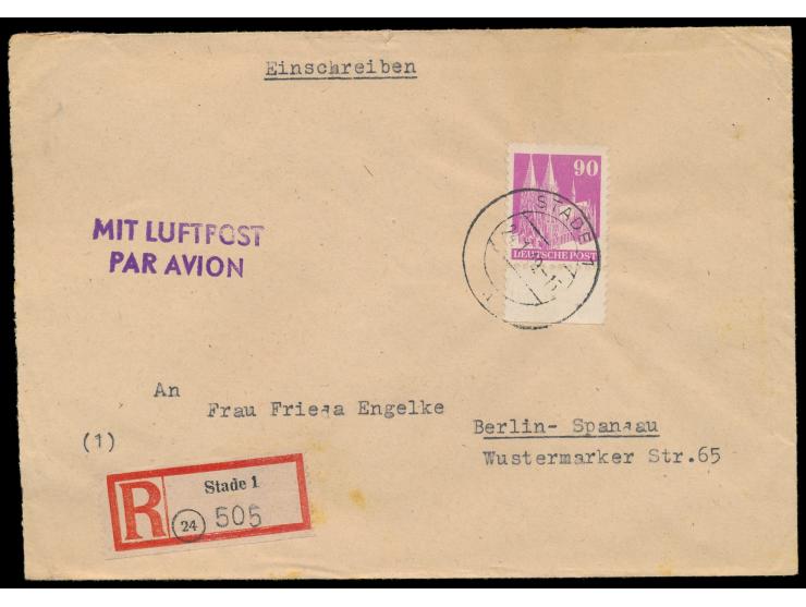Einzelfrankatur 90 Pf. auf  Luftpost-Einschreibbrief  2. Gewicht nach Berlin-Spandau, Stempel  Stade 1  24.1.49, Ankunftstemp