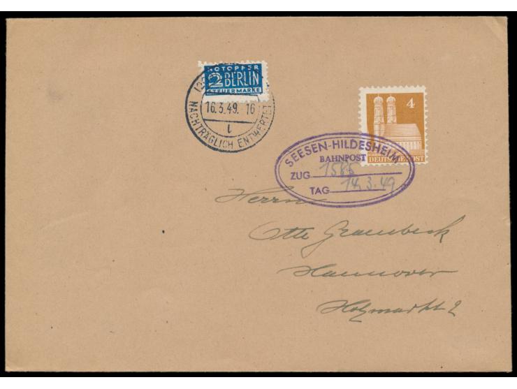 Bahnpost-Notstempel  Seesen - Hildesheim Zug ... Tag ...  auf Drucksache mit 4 Pf. Bauten und 2 Pf. Notopfer, Notopfermarke m