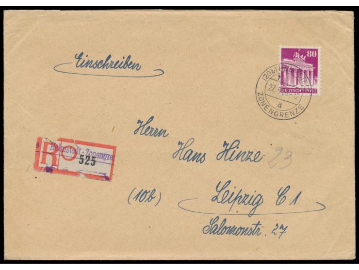Einzelfrankatur 80 Pf. auf  Einschreibbrief  2. Gewicht mit Stempel  Helmstedt Zonengrenze  27.5.50 nach Leipzig, Blanko-R-Ze