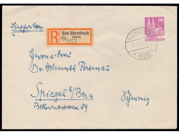 Einzelfrankatur 90 Pf. eng gezähnt auf  Auslands-R-Brief  2. Gewicht mit Stempel  Bad Ditzenbach (Württ)  12.5.51 in die Schw