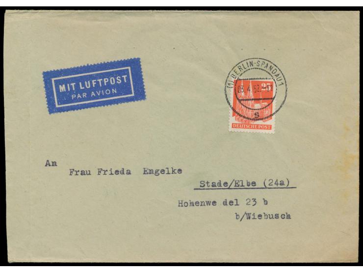 Einzelfrankatur 25 Pf. eng gezähnt auf Luftpostbrief mit Stempel  Berlin Spandau 1  3.4.52 nach Stade, portorichtig, Bedarf
S