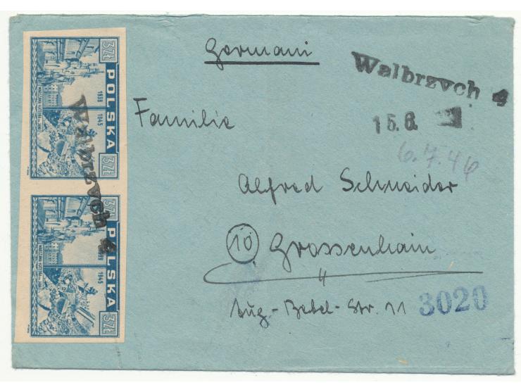 Brief mit 2 x 3 Zl. nach Deutschland, entwertet mit schwarzem Not-Z1  Walbrzych 4  und Datumstempel 15.6.(1946), polnischer Z