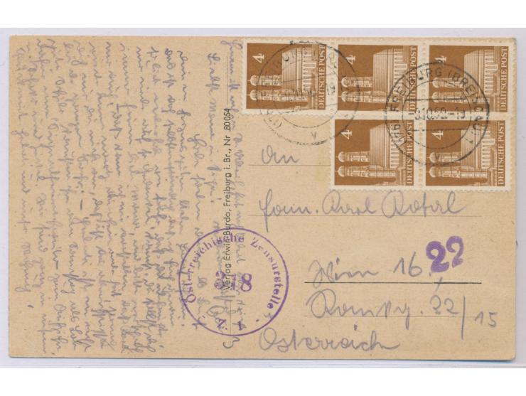 5 x 4 Pf. auf  Auslandskarte  nach Österreich, Stempel Freiburg (Breisgau) 1 9.10.52, Zensurstempel Österreichische Zensurste