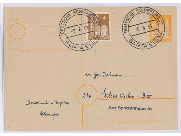 Stempel  Deutsche Schiffspost Santa Elena  8.6.51 auf Ganzsache 8 Pf. Bauten mit zusätzlich 4 Pf. Bauten, Stempel wurde 1951 