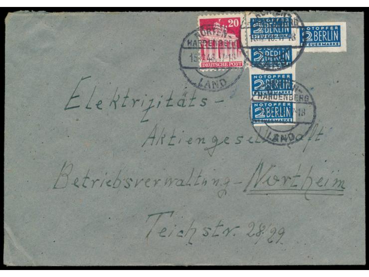 Notopfer-Einzelmarke und  Viererstreifen  auf Brief mit 20 Pf. Bauten nach Northeim, Stempel Nörten-Hardenberg 15.12.48, Beda