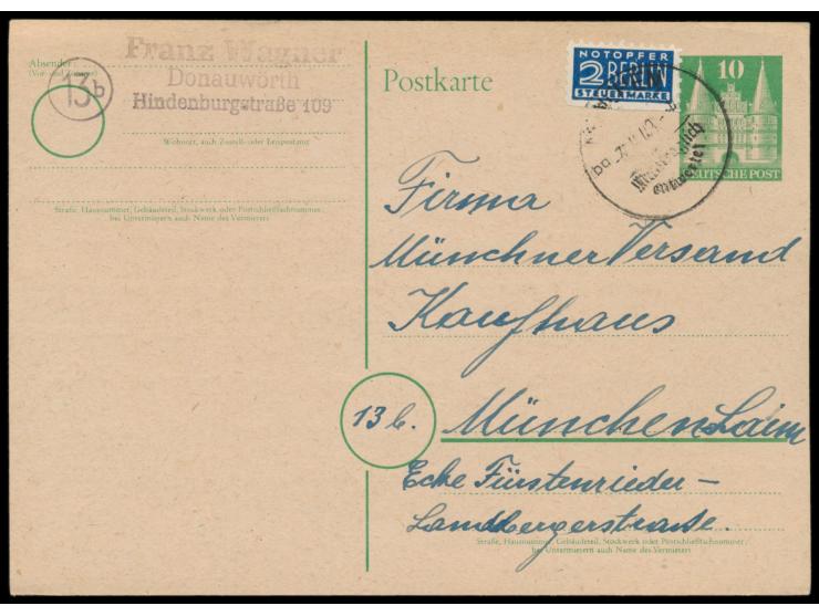 Postmeisterzähnung Donauwörth L 10 3/4,  unten ungezähnt vom Unterrand, auf Bauten-Ganzsache 10 Pf. nach München, Stempel  Mü