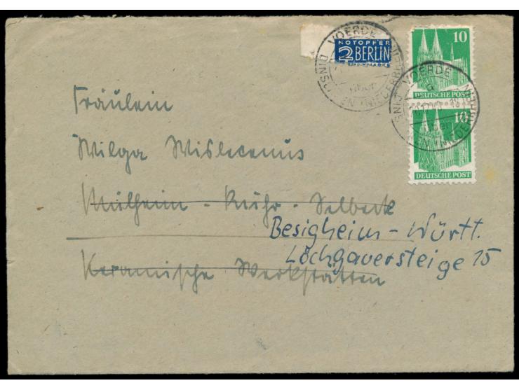 Postmeisterdurchstich Dinslaken,  Seitenrand-Marke mit dreiseitigem Durchstich und 2 x 10 Pf. Bauten auf Brief, privater Abse