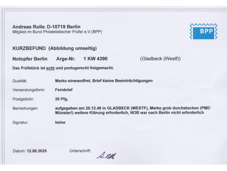 Gladbeck (Westf),  Notopfermarke mit  Durchstich  auf Brief mit privatem Absender, Frankatur 20 Pf. Bauten, Stempel Gladbeck 