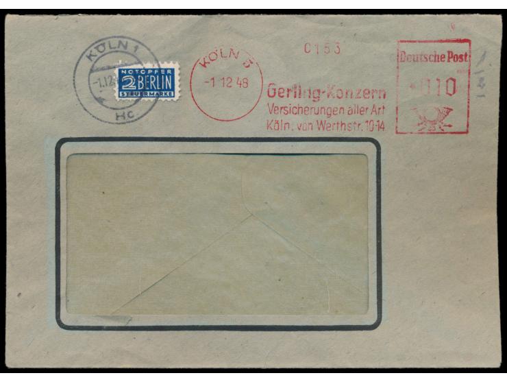 Linienzähnung L 10 3/4auf Firmen-Fenster-Brief mit Absenderfreistempel Gerling-Konzern Köln 5  0.12.48, seltene Linienzähnung