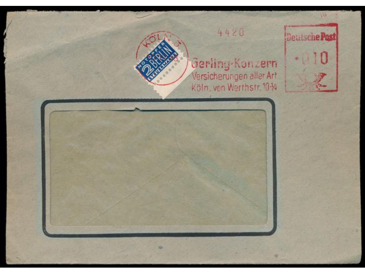 Linienzähnung L 10 3/4  mit Unterrand auf Firmen-Fenster-Brief mit Absenderfreistempel Gerling-Konzern Köln 5  10.12.48, selt