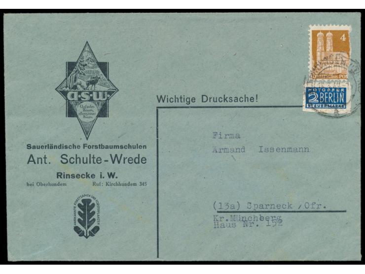 Kirchhundem,  Notopfermarke mit  Durchstich  auf Drucksache der Fa. "Ant. Schulte-Wrede, Rinsecke i. W.", Frankatur 4 Pf. Bau