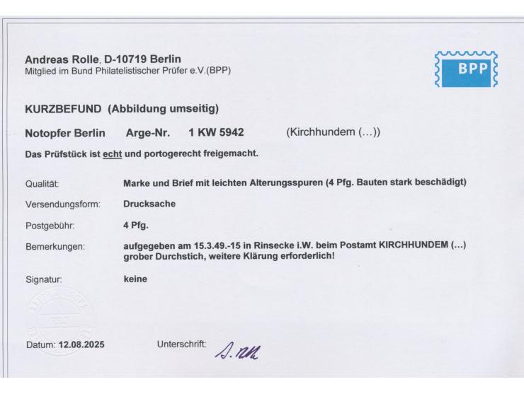 Kirchhundem,  Notopfermarke mit  Durchstich  auf Drucksache der Fa. "Ant. Schulte-Wrede, Rinsecke i. W.", Frankatur 4 Pf. Bau