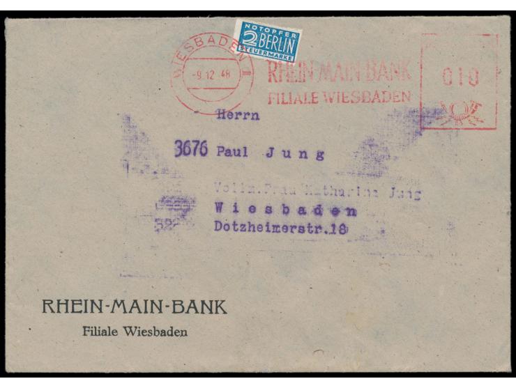 Wiesbaden, &nbsp;Notopfermarke mit dreiseitig sehr engem &nbsp;Privatdurchstich &nbsp;(rechts Scherenschnitt) auf Ortsbrief m