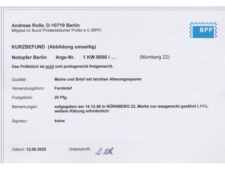 Nürnberg 22,  Notopfermarke mit waagerechter Zähnung L 11 1/4 auf Brief mit Absenderfreistempel der  Triumph Werke Nürnberg A